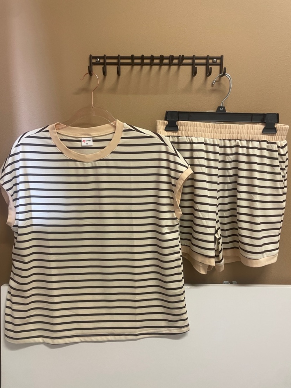 Women’s Striped Short Sleeve lounge Set - Cream & Brown